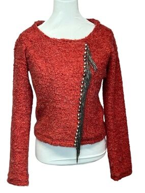 Miss Me Textured Coral Red Bouclé Jacket with Chain Detail